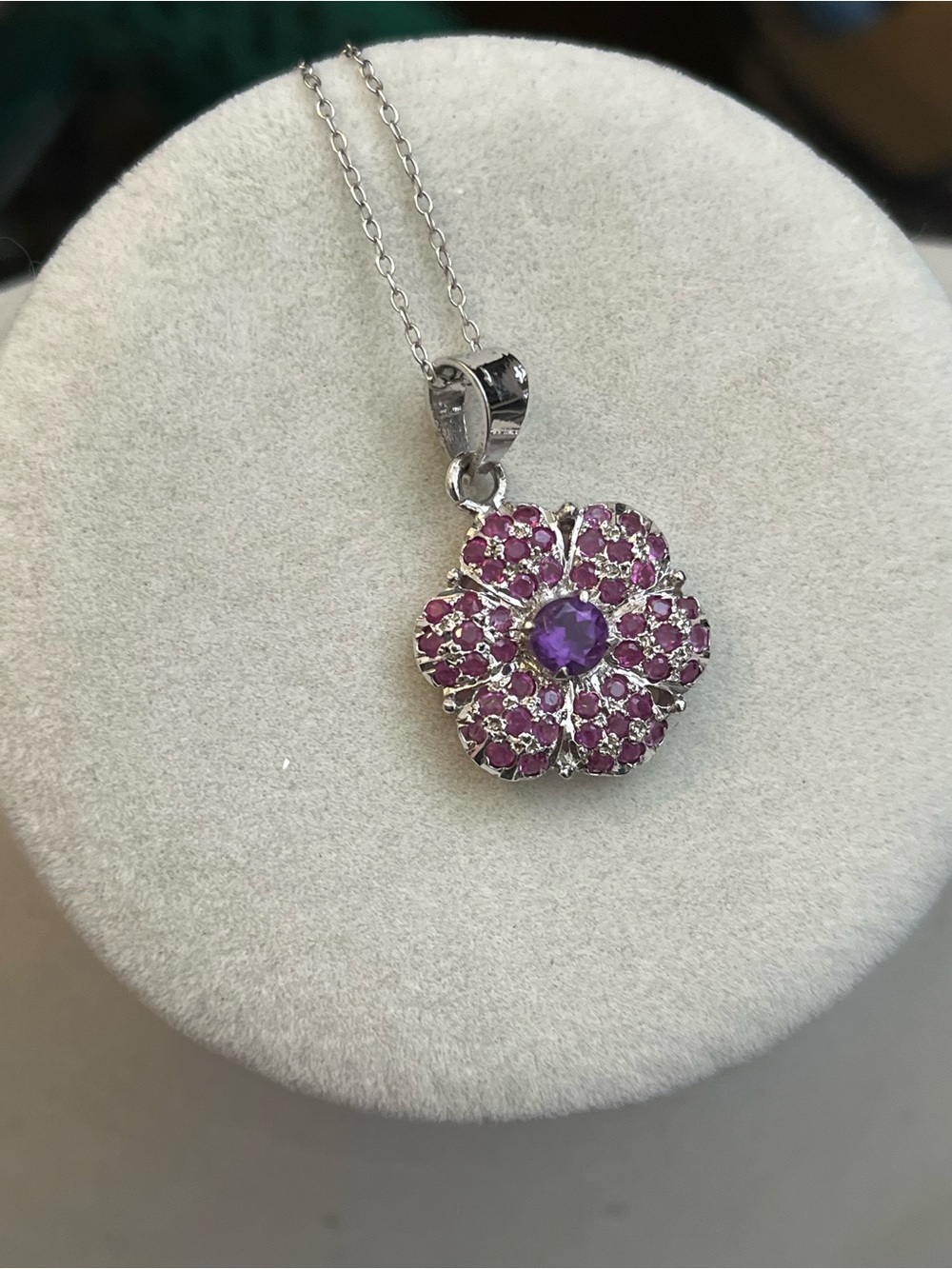 925 Silver Genuine Amethyst Center Ruby Cluster Rose Pendant 18” Chain